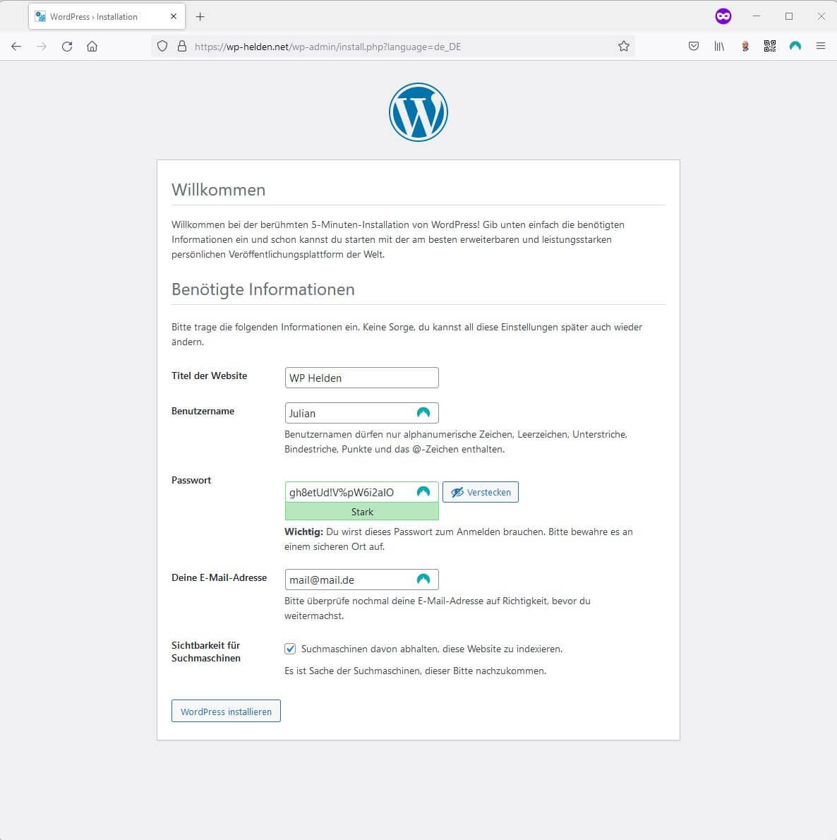 Wordpress Installieren Informationen Hinterlegen